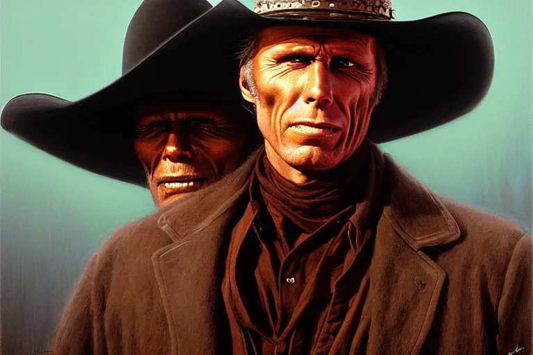 Image similar to poster portrait of peter weller as a black hat cowboy in pale rider ( 1 9 8 5 ). oil painting elegant, highly detailed, centered, digital painting, artstation, concept art, smooth, sharp focus, illustration, artgerm, tomasz alen kopera, peter mohrbacher, donato giancola, joseph christian leyendecker drew struzan