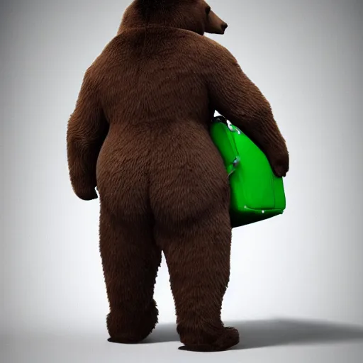 Image similar to big realistic bear standing on two legs, wearing big green bag backpack at his back, photo realistic, high detail, smooth