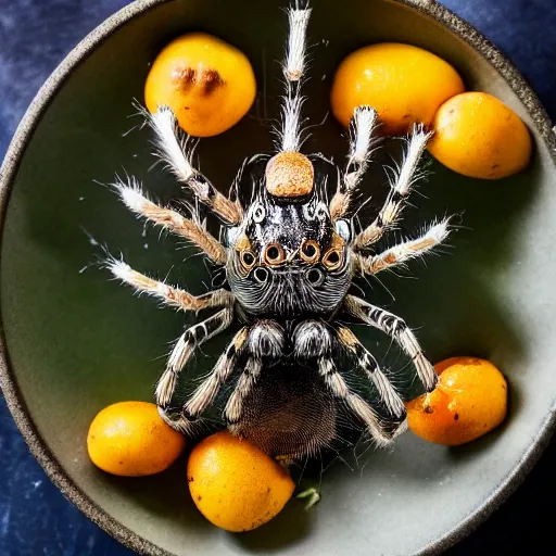 Image similar to professional food photography of a bowl of spiders, canon eos r 3, f / 1. 4, iso 2 0 0, 1 / 1 6 0 s, 8 k, raw, unedited, symmetrical balance