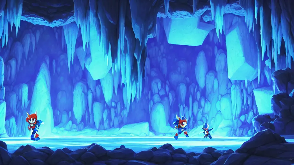 Image similar to side scrolling megaman zero stage 1 the ice cave, studio ghibli, pixar and disney animation, sharp, rendered in unreal engine 5, highly detailed, digital painting, artstation, hollow knight, smooth, sharp focus, illustration, wide angle, wallpaper, splash art, promo art, dramatic lighting, art by artgerm and greg rutkowski and bo chen and jin xiaodi