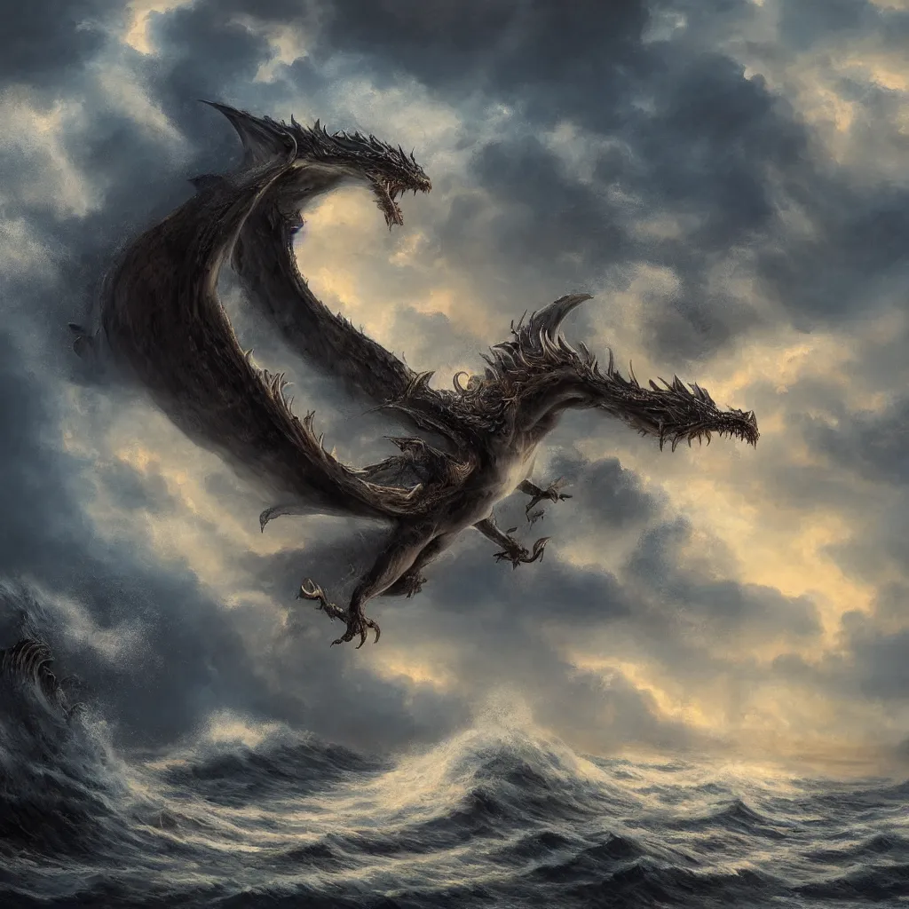 Image similar to a fantasy book style portrait of a giant dragon, stormy sea, giant waves, lightning, small boat, oil painting, 4 k