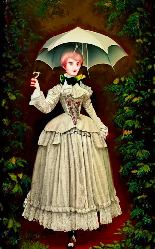 Prompt: A full-body portrait of a dollfie wearing victorian clothes and holding a lace parasol in an overgrown baroque palace courtyard, artwork by mark Ryden and Jasmine Becket-Griffith, 4k insane detail, pop surrealism