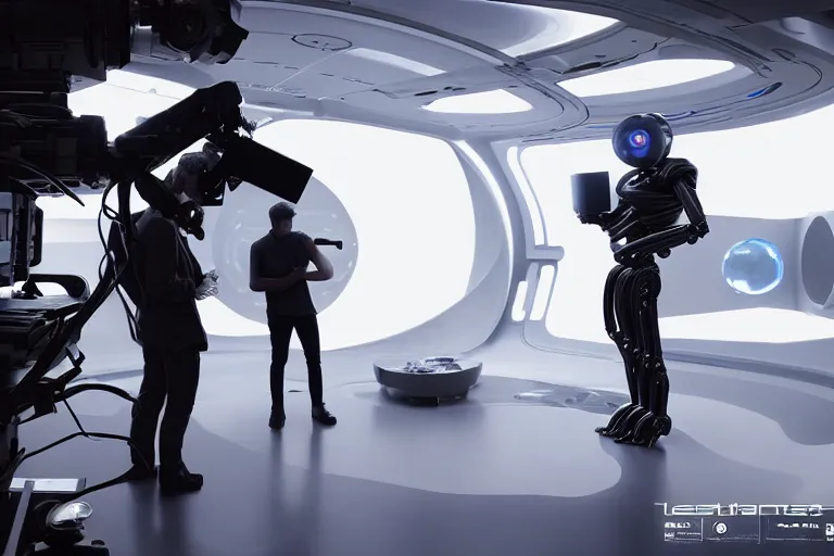 Prompt: vfx film, behind the scenes, on location, set design, making of, big film production, camera steady cam operator filming futuristic tesla humanoid robots, high tech space ship interior, flat color profile low - key lighting award winning photography arri alexa cinematography, hyper real photorealistic cinematic, atmospheric cool colorgrade