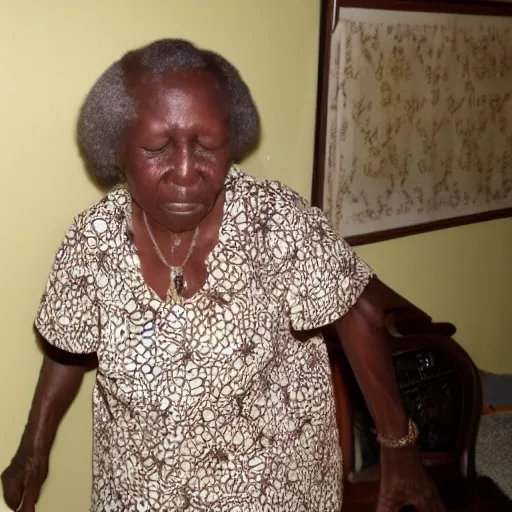 Image similar to my African grandma was taking a selfie in the living room and closed her eyes because the camera flash was too bright in her face