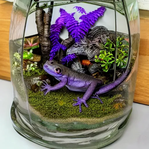 Prompt: terrarium with purple and black salamanders on an oak desk, stack of books on the desk, photo realistic, high detail, sharp focus