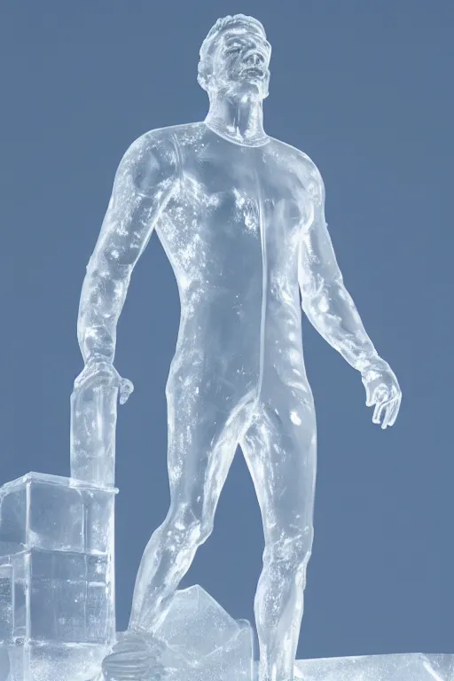 Image similar to transparent ice statue of man in tracksuit, by Michelangelo, ultra realistic render, 4k, volumetric lighting, highly detailed, studio lighting, octane render, glowing, ray tracing, cold mist, bokeh, wide shot