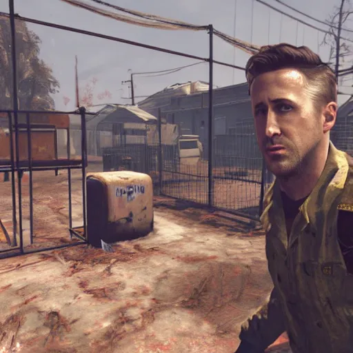 Prompt: ryan gosling in fallout 4 in a slave cage