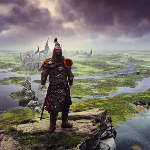 Image similar to an ultra detailed mighty viking standing portrait in front of a highly detailed landscape of a big and structured norse city inspired by valhalla, big and structured valhalla city, viking heaven, god rays, inspired by norse mythology, 4k digital art, octane render, trending on artstation, digital art,