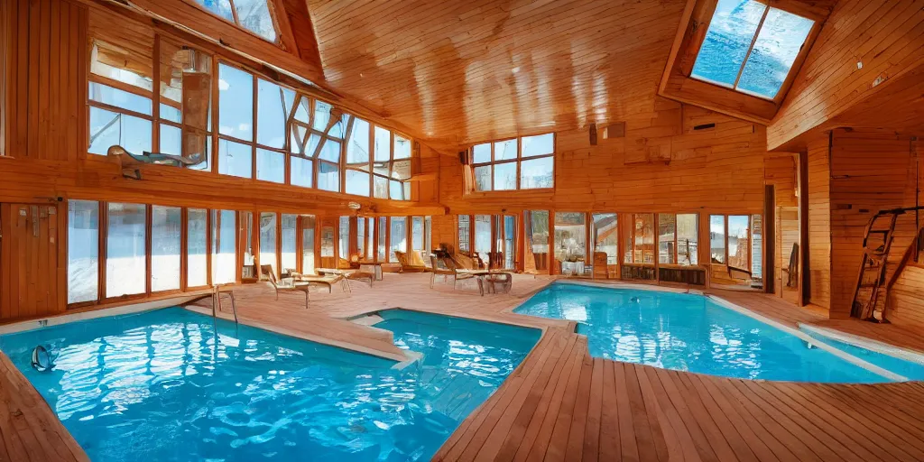 Image similar to a sunlit indoor lounge area with an indoor pool with clear water next to a big window, a wooden staircase goes up to an upper half floor of the cabin, taken during sunset (golden hour)