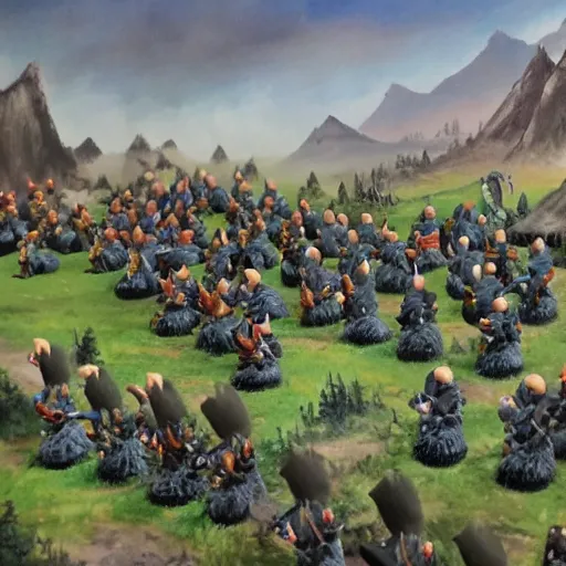 Prompt: painting of a dark mountain fighting armies of gnomes, epic, army formations, melle, ranged and siege