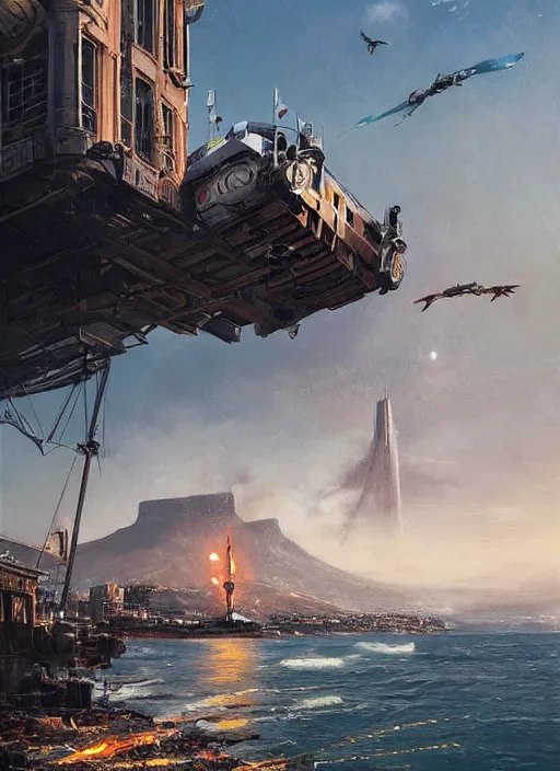 Prompt: hyper realistic robot attacking cape town city harbor beautiful details, strong composition, poster painted by greg rutkowski, james gurney and greg rutkowski weta studio, and lucasfilm and best of artstation