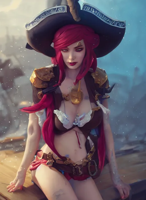 Prompt: miss fortune a pirate girl, from league of legends, au naturel, hyper detailed, digital art, trending in artstation, cinematic lighting, studio quality, smooth render, unreal engine 5 rendered, octane rendered, art style by klimt and nixeu and ian sprigger and wlop and krenz cushart