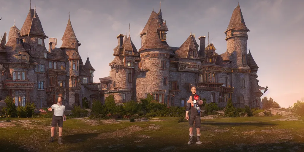 Image similar to a photographic picture of a small man in front of a huge luxurious castle, photographic filter, unreal engine 5, realistic, hyperdetailed, 8 k, cinematic, volumetric lighting, very realistic effect, hd, hdr, 4 k, sharp focus, octane render, ultra detailed, high resolution, trending on artstation in the style of albert dros glowing rich colors powerful imagery