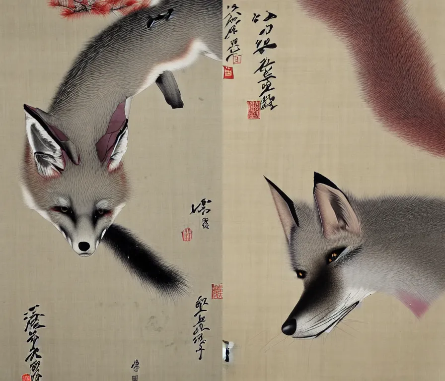 Image similar to pine, plum and grey fox, by Shen Quan, hanging scroll on wall, ink and colour on silk, muted colours, detailed