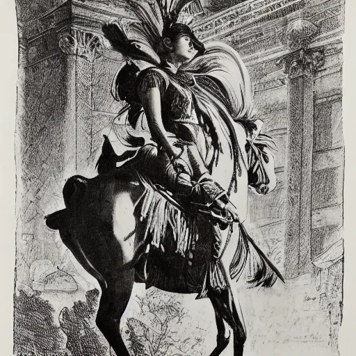 Prompt: by giovanni battista piranesi, by frederic remington 1 9 7 0 s era, cool subdued. a street art of a heroine riding on a magnificent red horse. traditional russian folk costume & headscarf. pale & beautiful, resolve in her eyes. horse's hooves churn up earth as they gallop, dark forest looms.