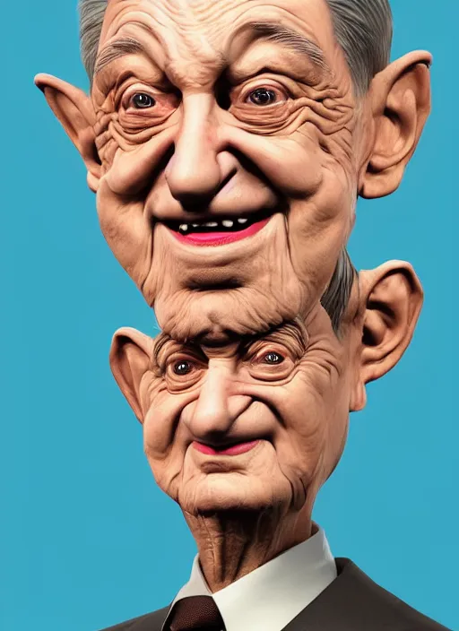 Image similar to colourful caricature - 3 d vfx art - portrait of a george soros with money all around hime, art style by james jean & hsiao - ron cheng, character concept art, unreal engine render, digital illustration, sharp, intricate detail, volumetric light, ray tracing, soft light, symmetric, pinterest, artstation, behance,