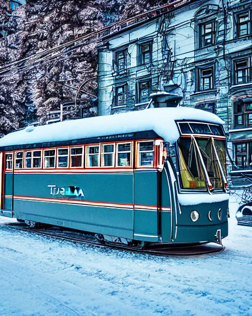 Image similar to tatra t 3 tram, ussr czech republic, side view, ice patterns on windows, winter, frost, around the city, evening, snow, into the art style and print