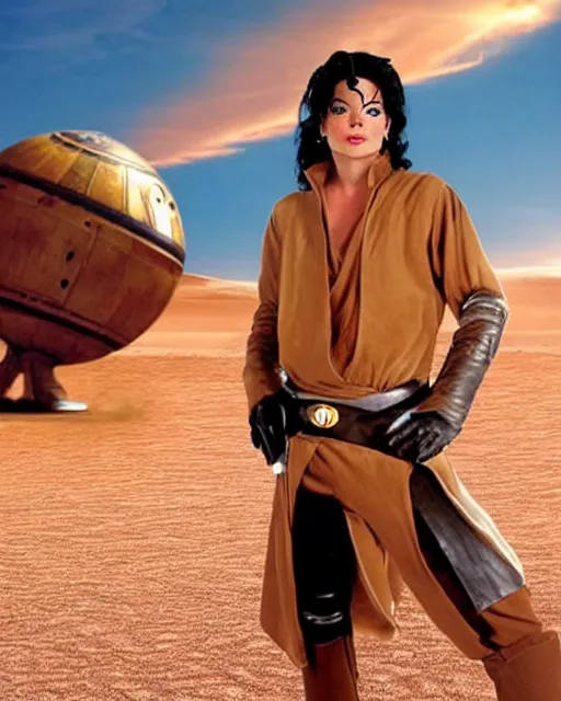 Image similar to michael jackson, as luke skywalker, with his landspeeder, beautiful tatooine desert at sunset, michael jackson is 1 6 years old and normal looking and handsome, not wearing any makeup