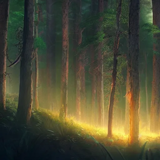 Prompt: dark forest tall trees, glowing eyes all around, little red riding hood is norse god, pixar style, trending artstation, super realistic detail