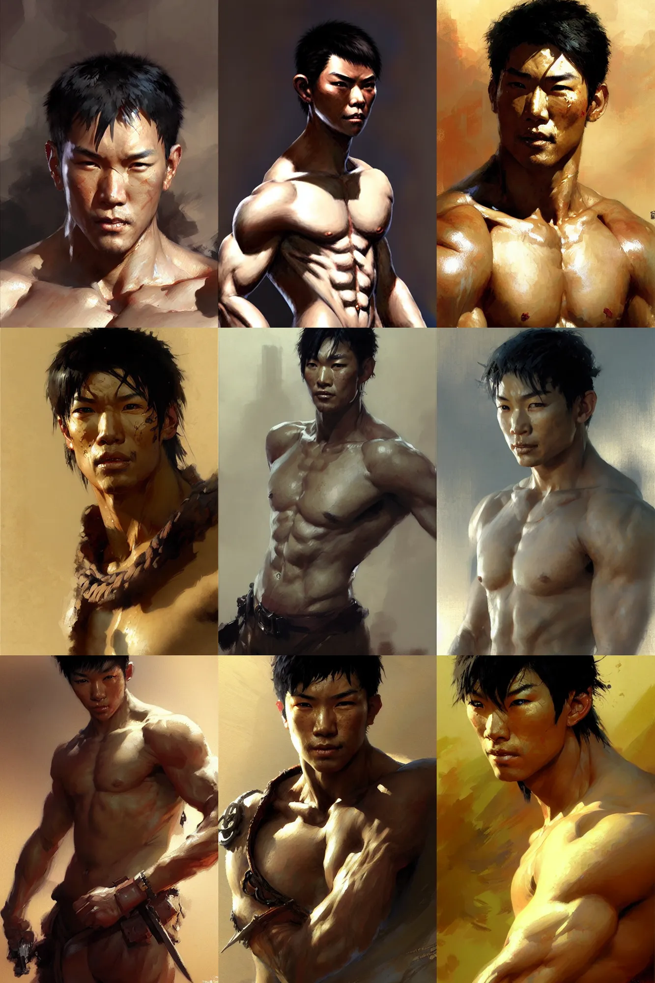 Prompt: young handsome asian male portrait dnd, muscle, painting by gaston bussiere, craig mullins, greg rutkowski, yoji shinkawa