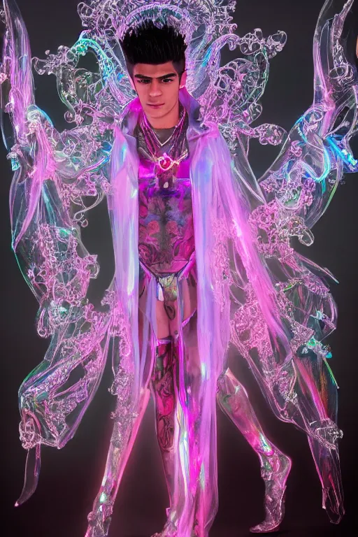 Image similar to full-body rococo and cyberpunk delicate neon crystalline sculpture of (((muscular slender prince Zayn Malik))) as an iridescent humanoid deity wearing a thin see-through ((plastic hooded cloak)) sim roupa (holding a human skull), reclining con (las piernas abiertas), glowing pink face, crown of (((white lasers))), large diamonds, swirling black silk fabric. futuristic elements. oozing glowing liquid, full-length view. space robots. intricate artwork by caravaggio. Trending on artstation, octane render, cinematic lighting from the right, hyper realism, octane render, 8k, depth of field, 3D