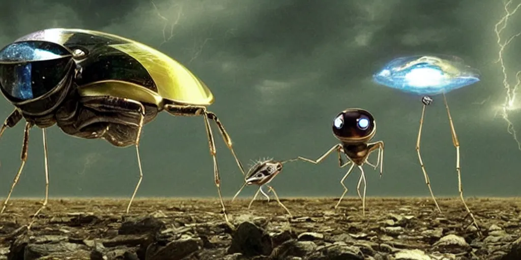 Prompt: lightning bug descendant 1 million in the future is a quadruped with big eyes. the bug wears a spacesuit, and explores the cosmos in a bug - shaped spaceship. science fiction blockbuster movie bugs save the planet or the love bug from saturn, up ( film, 2 0 0 9 )