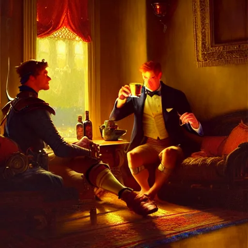 Prompt: hero male mike and hero male tyler, one is ginger and the other brunet, drinking their hearts out, in their noble mansion, at night. highly detailed painting by gaston bussiere, craig mullins, j. c. leyendecker 8 k