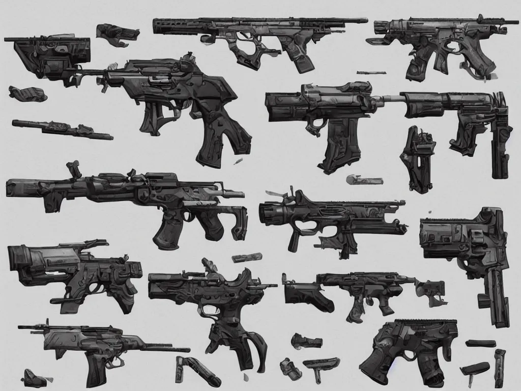 Prompt: photorealistic!! game asset reference of firearms, digital art, handguns, highly detailed, anime asthetic, sci fi, three - view reference sheet ( front / back / side ), in the style of adrien roose, viktor han, by brad allen, artstation, marmoset toolbag, unreal engine