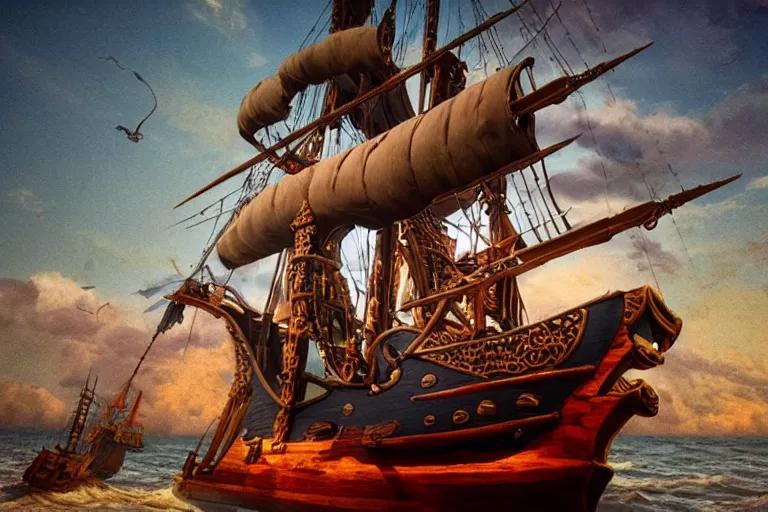 Image similar to epic pirate ship, in the style of vernon grant and chris van allsburg, trending on artstation, bright tilt - shift camcorder effect, photoshop, retrowave, hyperrealism, bauhaus