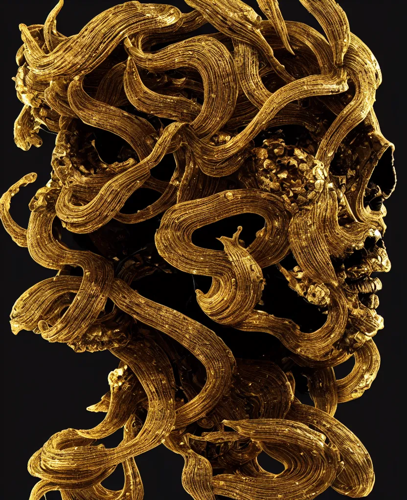 Prompt: fully black background. background hex 000000. goddess princess face close-up portrait ram skull. sculpture made of gold and black charcoal. jellyfish phoenix head, nautilus, orchid, skull, betta fish, bioluminiscent creatures, intricate artwork by Tooth Wu and wlop and beeple. octane render, trending on artstation, greg rutkowski very coherent symmetrical artwork. cinematic, hyper realism, high detail, octane render, 8k