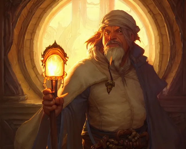 Image similar to a large grimey innkeeper from final fantasy, holding a torch, deep focus, d & d, fantasy, intricate, elegant, highly detailed, digital painting, artstation, concept art, matte, sharp focus, illustration, hearthstone, art by artgerm and greg rutkowski and alphonse mucha