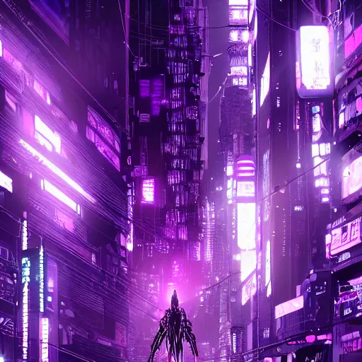 Image similar to Giant Purple Amethyst in cyberpunk neon Tokyo in style of Tsutomu Nihei. Cyberpunk, vertical symmetry, 8K, Highly Detailed, Intricate.