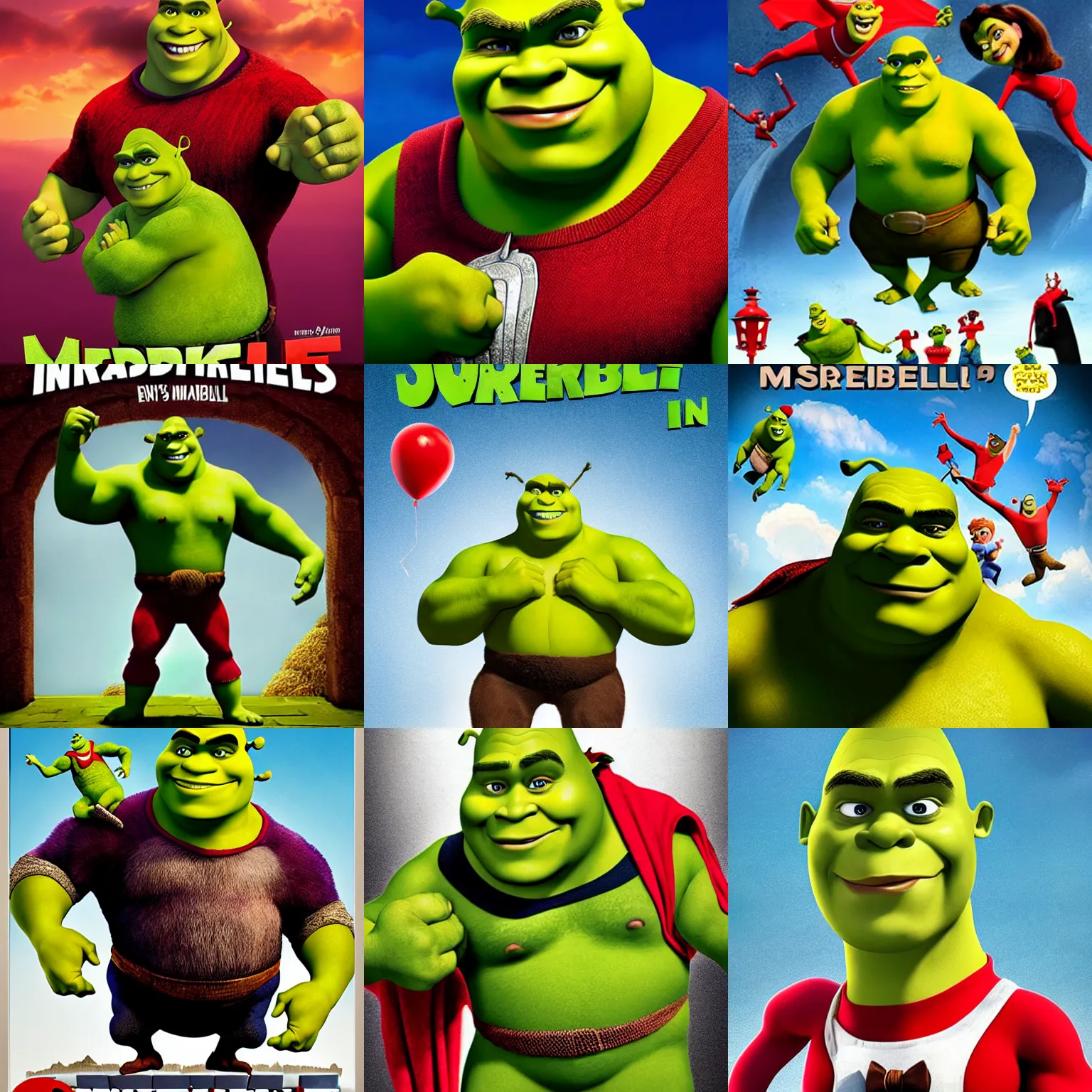 Prompt: shrek as mr. incredible from the incredibles. promotional movie poster by dreamworks