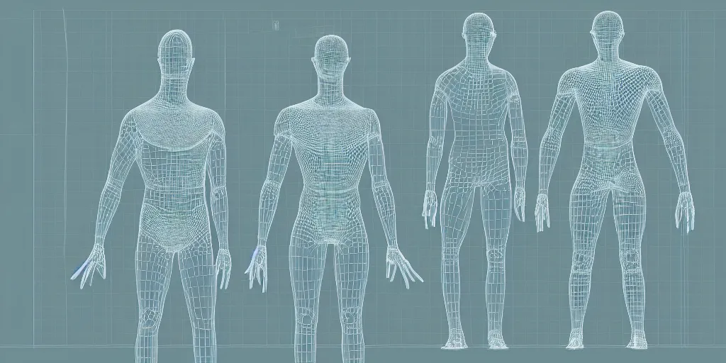 Image similar to highly detailed schematic, technical drawing, orthographic view, 3d wireframe, glowing vector, human body, blender screenshot