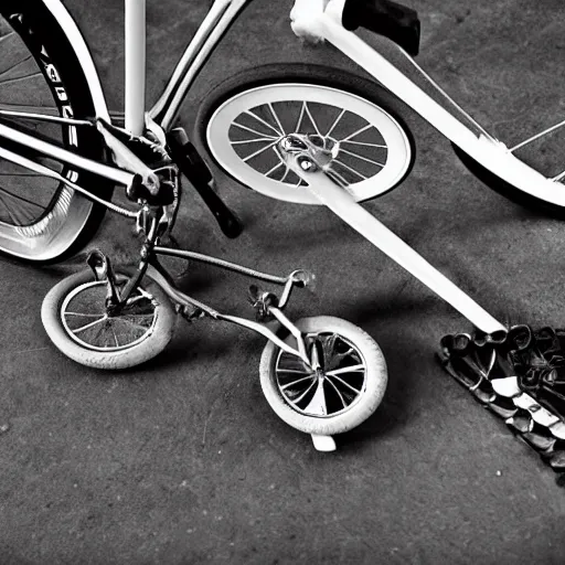 Image similar to parts of a bicycle scattered on a table, black and white, trending on artstation, hd