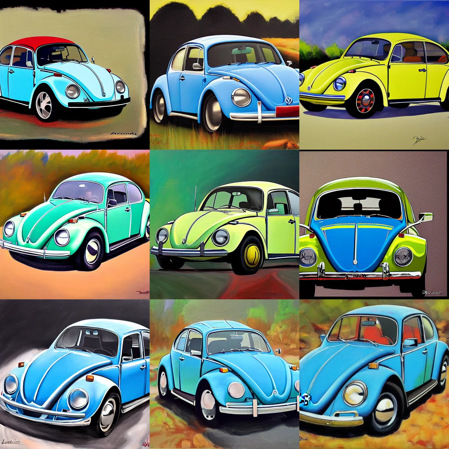 Prompt: painting of a 1970 vw beetle painted by Dariusz Zawadzki