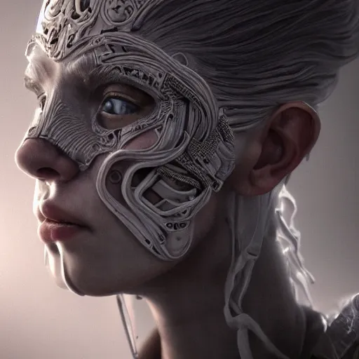 Image similar to Very very very very highly detailed epic photo of beautiful face with porcelain mask, intricate, dystopian, sci-fi, extremely detailed, digital painting, artstation, concept art, smooth, sharp focus, illustration, intimidating lighting, incredible art by Anton Pieck, Octane render in Maya and Houdini VFX