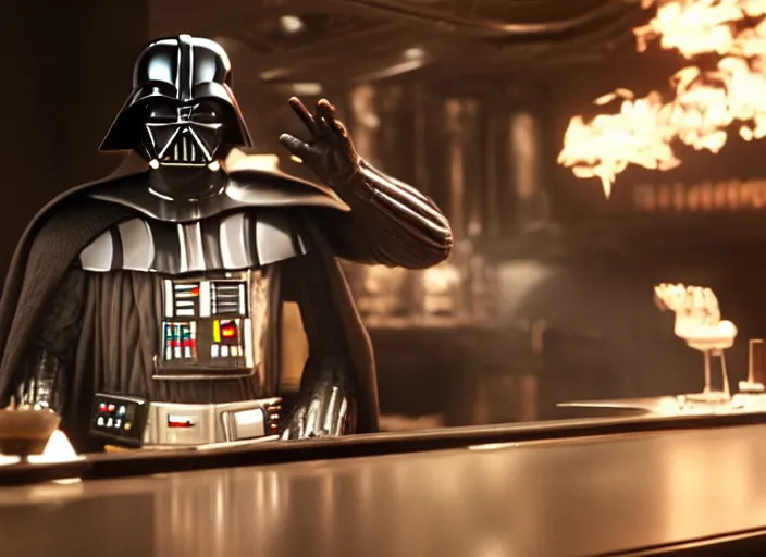 Image similar to film still of Darth Vader working as a bartender in the new Star Wars movie, 4k