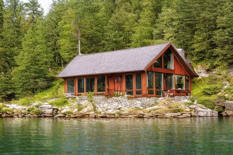 Image similar to cottage in the woods on a cliff beside a lake relax style