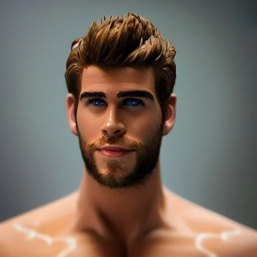 Image similar to “a realistic detailed photo of a guy who is an attractive humanoid who is half robot and half humanoid, who is a male android, actor Liam Hemsworth, shiny skin, posing like a statue, blank stare, at the museum, on display”