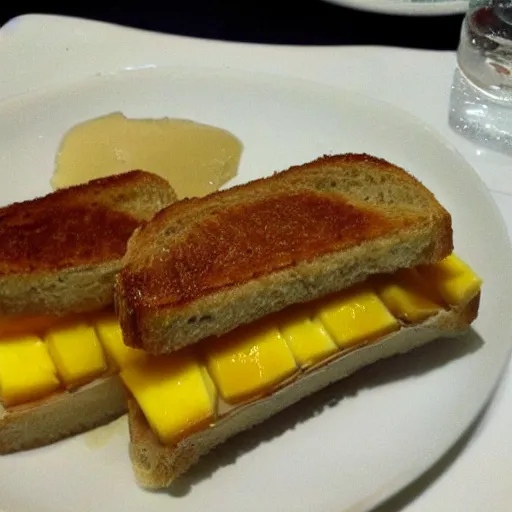 Image similar to foie gras sandwich with mango covered with huge amount of honey, bad, grainy and blurry amateur photo