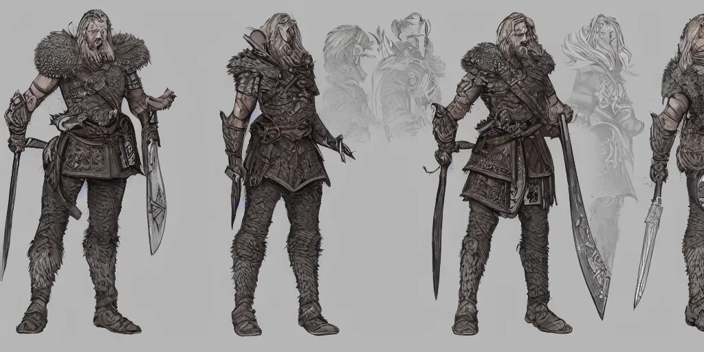 Image similar to colour concept art character sheet, viking in armour, trending on artstation, intricate high - details