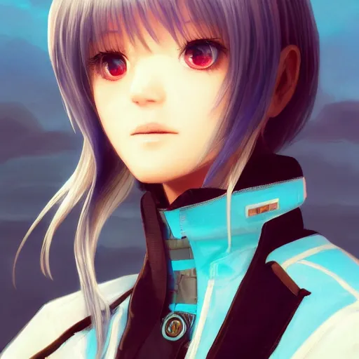 Image similar to profile shot of rimuru tempest, sky blue, straight hair, long bangs, amber eyes, wearing a black jacket with white stripes, high collar, highly detailed, unreal engine 5, digital painting, cinematic, wlop | artgerm, pixiv, yoshitaka amano, greg rutkowski, ilya kuvshinov, andy warhol