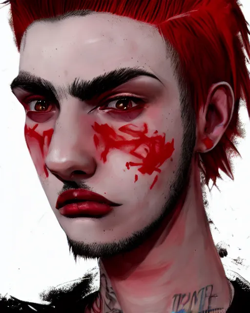 Image similar to young man with a short red mohawk, red irises and a slim face, piercings, dressed in crustpunk clothing, headshot, attractive, handsome, model, trending on artstation, high quality art, character design, realism art, award winning art, in color, no makeup, no tattoos