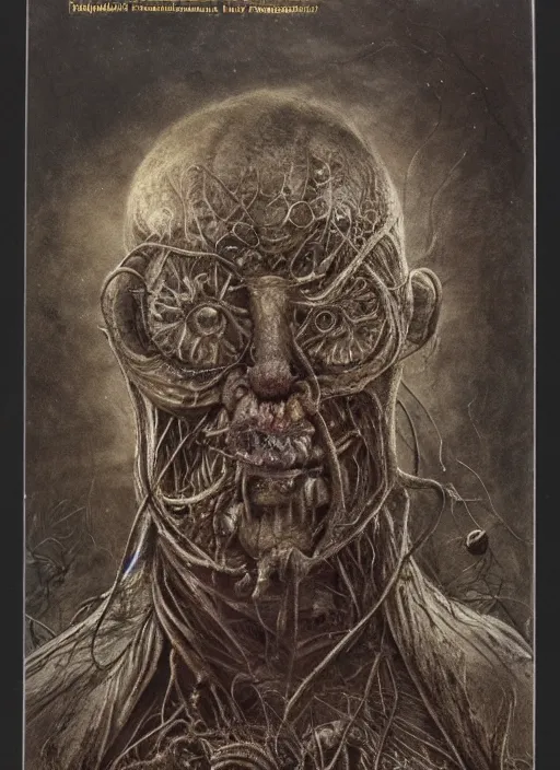 Image similar to cabinet card of russian prime minister by seb mckinnon and brian froud and bezinski and giger, henson creature workshop, realistic materials, creepy, textures, dark horror, photo realistic, photoreal, detailed, nightmare, sharp focus, 8 k, 4 k