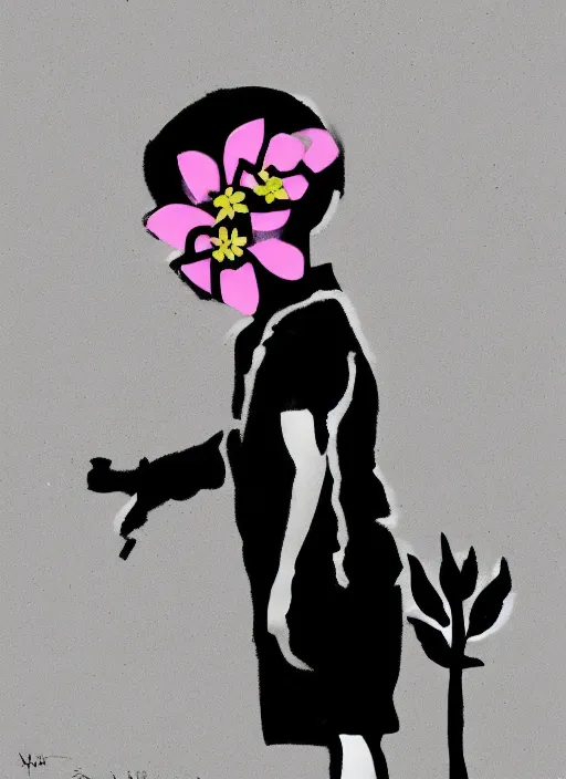 Prompt: a side profile of a single boy holding flowers in the style of Banksy, graffiti, digital art