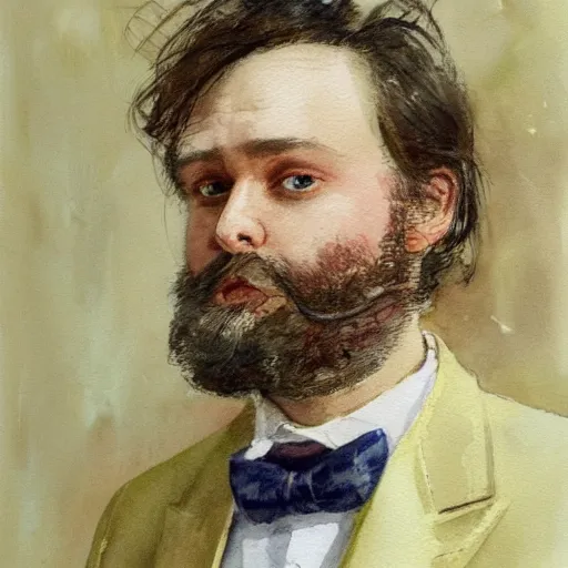 Image similar to Portrait of a handsome man with mutton chops. wearing a suit. colorful necktie, pale white face, long messy hair, ((red)) baggy eyes, tired face, watercolor, brushstrokes, high detail, artstation, background yellow and blue, medium detail, by Ilya Repin