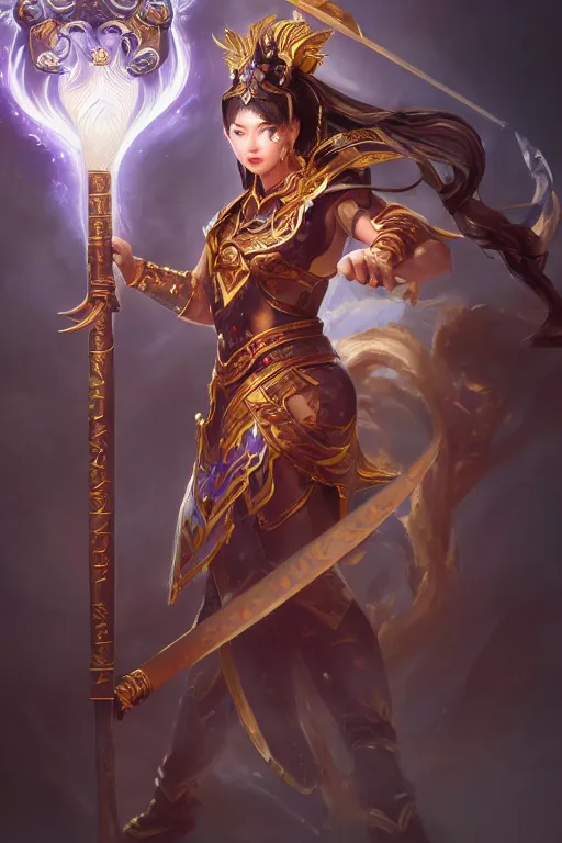 Image similar to a masterpiece portrait of nezha, legendary god holding spear, hero action pose, fantasy character portrait, closeup shot, hyper detailed, digital painting, 8 k realistic, trending on artstation, sharp focus, dof, by fenghua zhong, artgerm, ne zha from smite, tsuyoshi nagano,