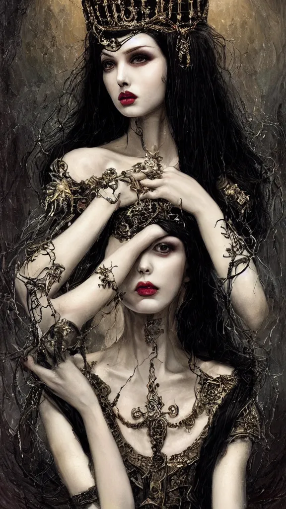 Image similar to a beautiful black haired woman with pale skin and a crown on her head sitted on an intricate metal throne, intimidating woman, large black eyes, high forehead, smooth pale skin, ethereal skin, ominous, eldritch. oil painting by nuri iyem, james gurney, james jean, greg rutkowski, highly detailed, soft lighting, chiaroscuro