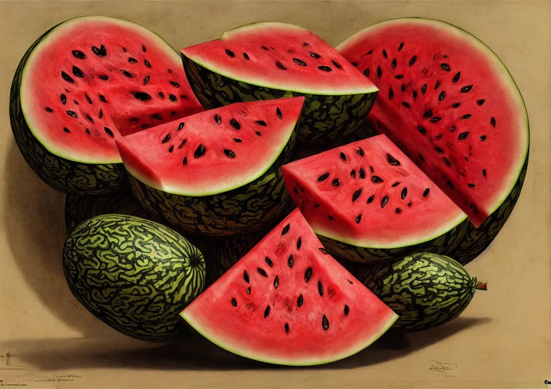 Image similar to a plate full of sliced watermelon in the style of wayne barlowe, gustav moreau, goward, bussiere, roberto ferri, santiago caruso, luis ricardo falero, frazetta